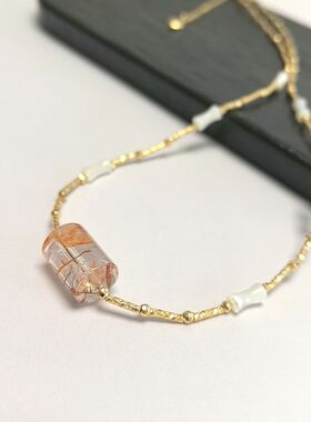 D431# 天然黑金超胶花桶珠锁骨链15*10mm 配白贝母滚运珠