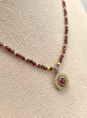 D1467# 通体S925纯银双色镀金精工镶嵌紫牙乌石榴石吊坠13*5mm