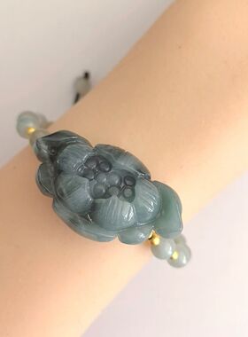 S625# 天然A货蓝水翡翠莲花手牌38*21*11mm 配翡翠圆珠6mm