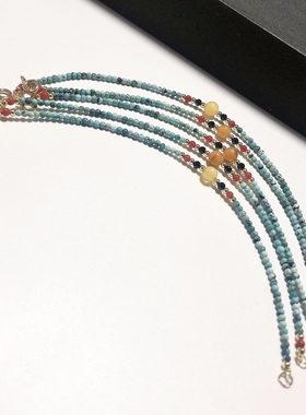 S1320# 天然原矿绿松石原创设计款手链2.3mm 配原矿蜜蜡顶珠 随机