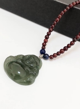 D993# 天然和田玉青玉吊坠 笑佛佛公锁骨链项链29*29*6.5mm