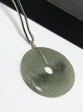 D488# 天然和田玉青玉山水平安扣吊坠52.5*6.3mm