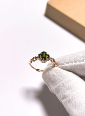 G171# S925通体纯银透辉石四叶草戒指 开口可调戒托 9*3mm