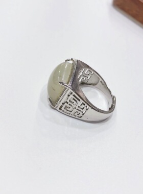 G38# 天然和田玉方戒复古款男版戒指 S925银托 开口圈可调节