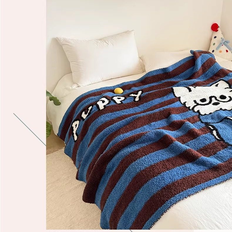 卡通半边绒毛毯冬季保暖沙发毯条纹小狗图案家居午休毯,淘宝优惠券,粉丝福利购,淘宝优惠卷