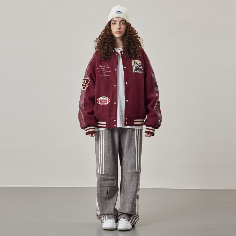 公鸡冠军棉服女新款冬季宽松酒红色复古刺绣PU皮拼接夹棉加厚外套 - 图1