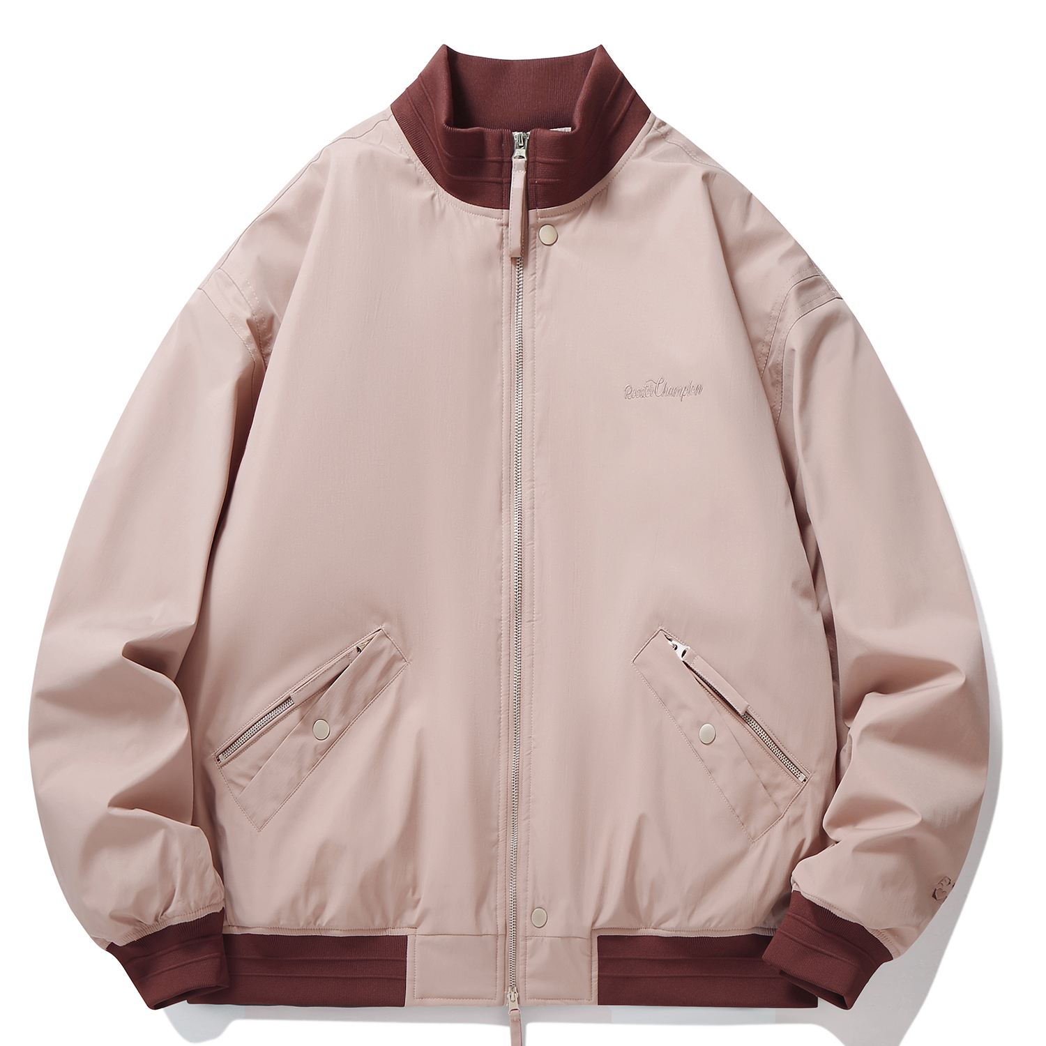 公鸡冠军灰粉飞行员棉服男冬季宽松美式刺绣撞色夹棉加厚保暖外套 - 图3