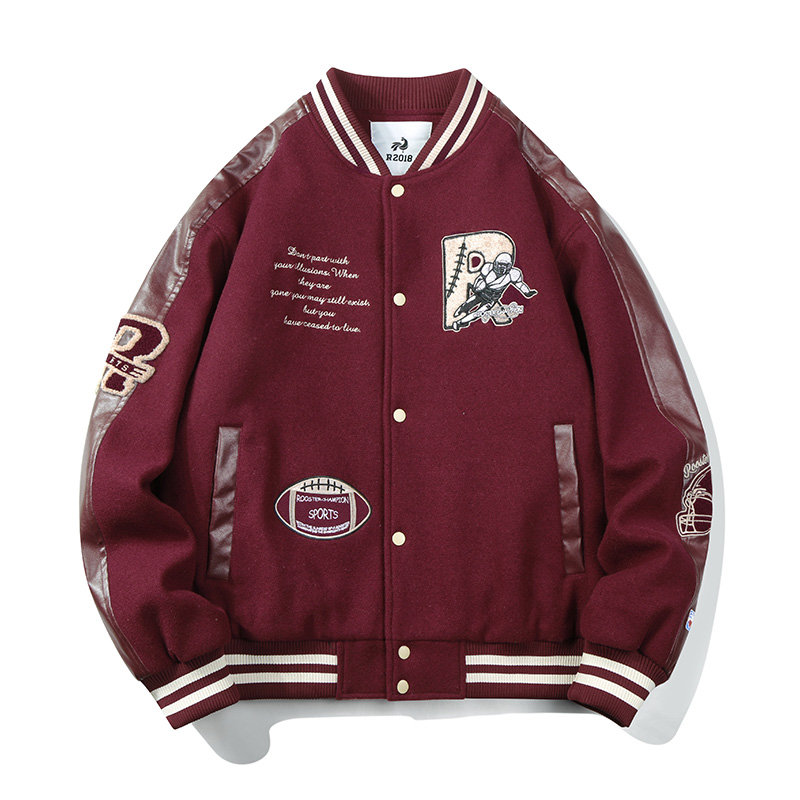 公鸡冠军棉服女新款冬季宽松酒红色复古刺绣PU皮拼接夹棉加厚外套 - 图3