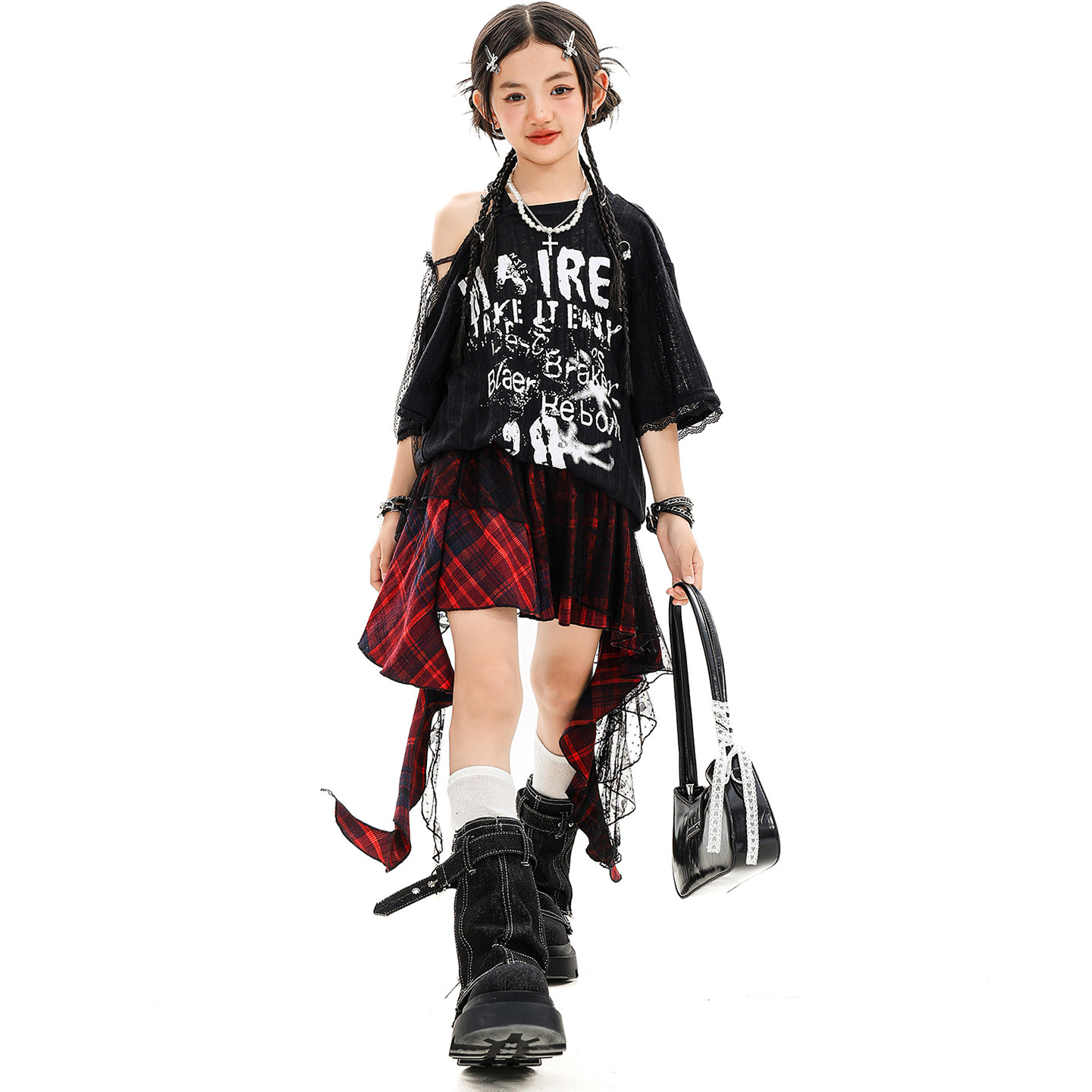 爵士舞服装女童时髦露肩T恤格子短裙走秀服女团韩舞现代舞演出服,淘宝优惠券,粉丝福利购,淘宝优惠卷