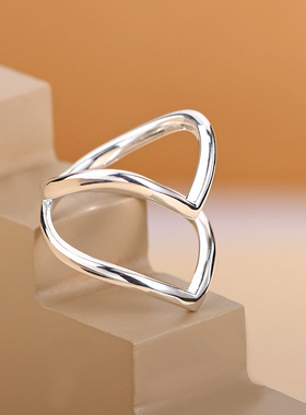 古罗珠宝925纯银双层V字戒指