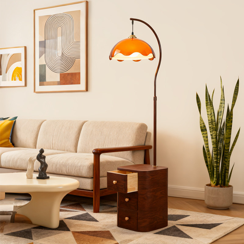 中古风卧室床头柜台灯一体落地灯置物架客厅沙发边复古氛围感台灯,淘宝优惠券,粉丝福利购,淘宝优惠卷