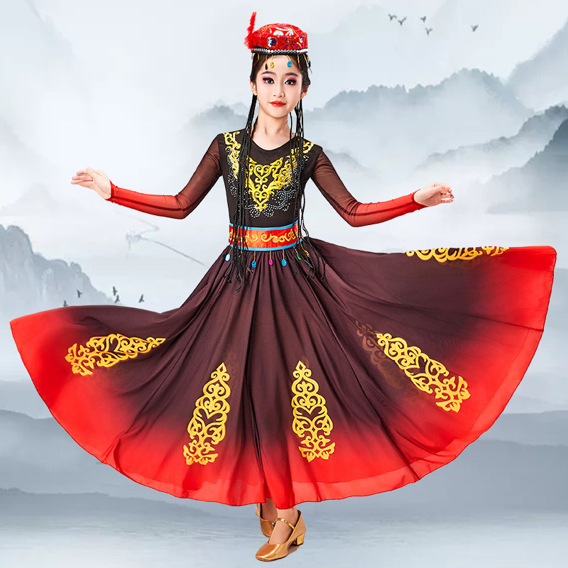 儿童新疆舞演出服维吾尔族古丽舞蹈大摆裙少数民族舞台装表演服装,淘宝优惠券,粉丝福利购,淘宝优惠卷