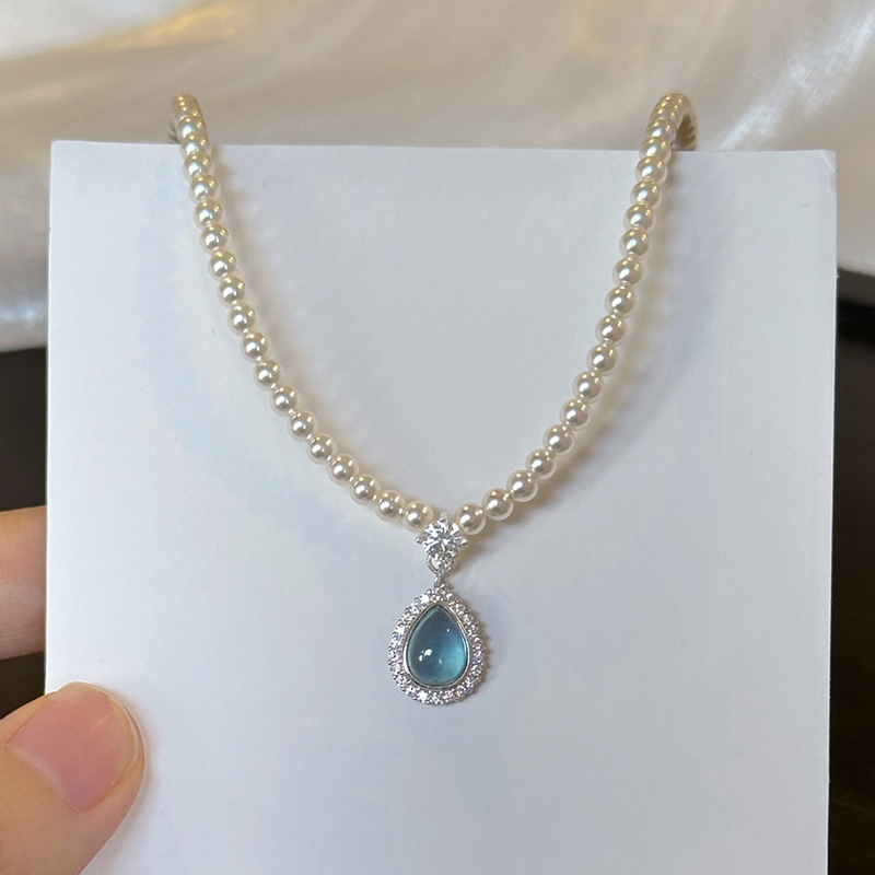 s尚美伯爵海蓝宝水滴吊坠珍珠项链配饰女秋冬锁骨链高级感轻奢小 - 图1