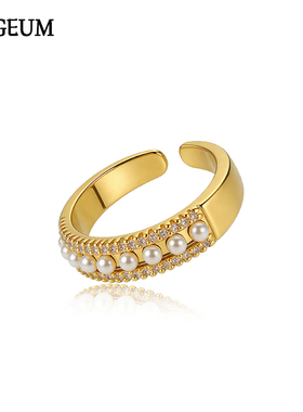 金色小米珠镶钻开口戒指珍珠锆石开口戒女轻奢高级感个性时尚指环