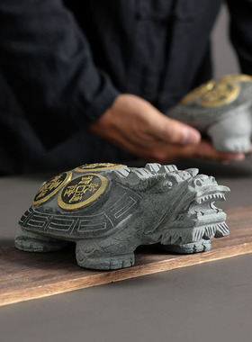 天然青石手工龙龟五帝钱摆件