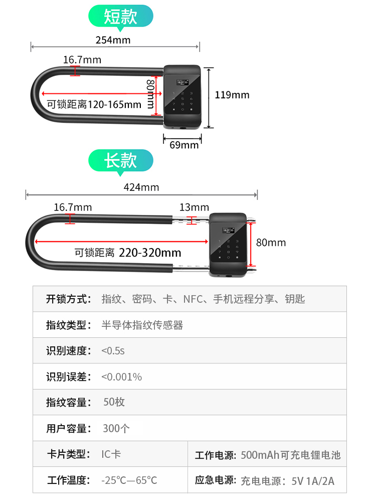 玻璃门锁U型指纹锁密码锁防盗锁店铺室外防水办公室U形电子智能锁 - 图3