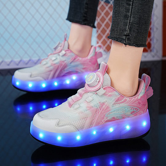 2025 New Girls Four-Wheel Knob Roller Skates Medium and Large Children Flash Skates Heelys Shoes Children's Luminous Shoes