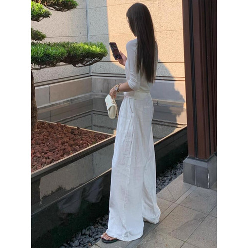 白色亚麻阔腿裤女夏季薄款2026新款高个子加长垂感老钱风棉麻裤子 - 图2