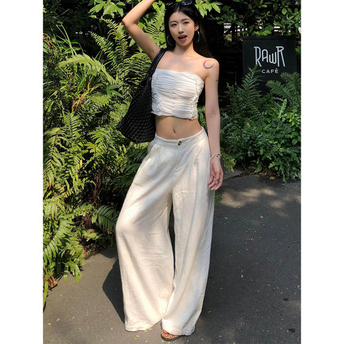 白色亚麻阔腿裤女夏季薄款2026新款高个子加长垂感老钱风棉麻裤子 - 图3