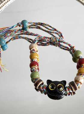 卡通超萌大眼猫头手链女小众设计感彩色串珠手串五彩手工编织手绳