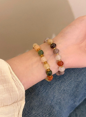 复古民族风新中式天然金丝玉石手链女学生闺蜜串珠彩色手饰手串