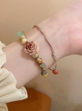 玫瑰花天然石编织绳手链套装女生2023年新款手串复古木质情侣手饰
