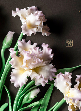 夫己纯手工陶瓷花花世界之正方形瓷板鸢尾花德化陶瓷客厅餐厅摆件