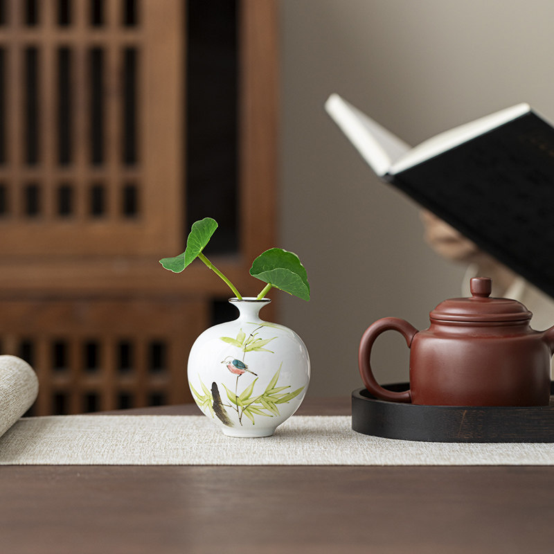 景德镇手绘竹叶小鸟花器居家摆件手工花瓶【赠干花】 摆书桌 中式