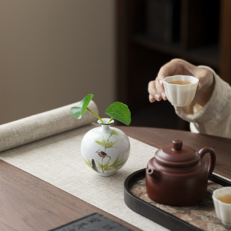 景德镇手绘竹叶小鸟花器居家摆件手工花瓶【赠干花】 摆书桌 中式
