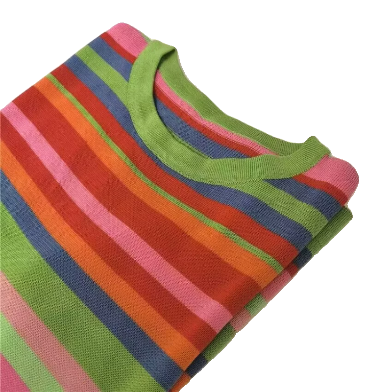 高端系列~小众法式chic风，天丝+真丝吸睛彩虹条纹半袖 针织短袖