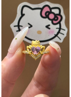 v金材质厚金电镀灵动爱心kitty猫戒指食戒童趣可爱气质指环女
