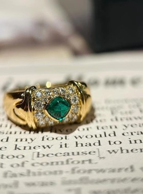 v金材质真金电镀祖母绿锆石镶钻开口戒女指环小众设计感食指戒