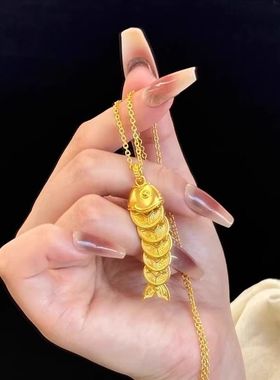 真金电镀保色锦鲤爆款灵动五帝钱项链年代发钱币有鱼招财锁骨链