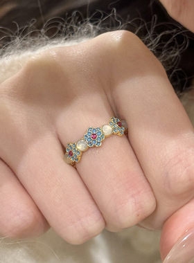 v金材质厚金电镀古法新中式古典蓝色花朵戒指珐琅玉髓青花瓷指环