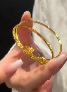 v金材质保色黄金色碎碎冰双环手镯女素圈铃兰花镯子气质百搭手饰