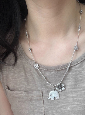 真金电镀保色中古风泰国象吊坠图文颈链女鸡蛋花锁骨链配饰