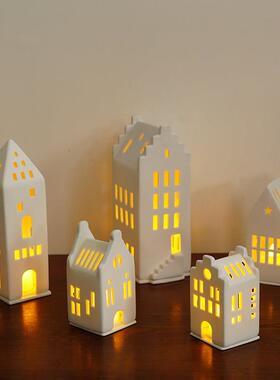北欧原包装出口丹麦城市房子造型陶瓷烛台手工梦想屋家居装饰摆设
