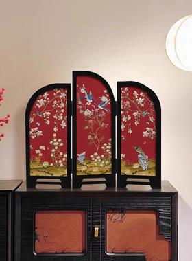 新中式桌面小屏风摆台装饰画茶室茶桌摆件红色国风摆画花鸟图案