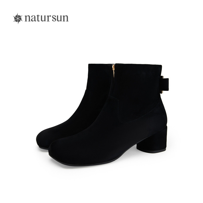 natursun方头时装靴冬冬季羊皮粗跟不累脚绒面拉链瘦瘦靴百搭靴子,淘宝优惠券,粉丝福利购,淘宝优惠卷
