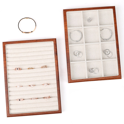亚麻首饰托盘木纹戒指手镯饰品展示盘收纳饰品拍摄道具首饰展示架 - 图0