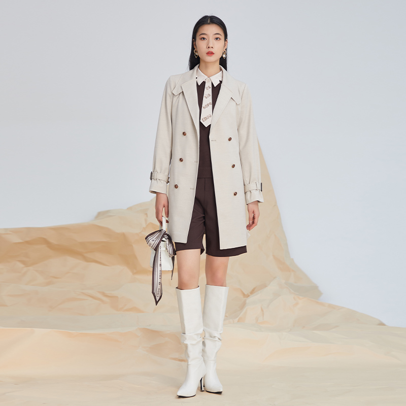 杨门中长款风衣外套女双排扣春季新款系带腰带翻领中长外套 - 图3