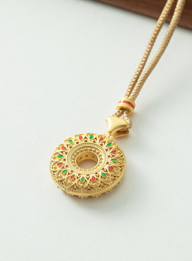 蛮文 重工精致古法工艺珐琅绘福禄八宝罗盘幸运草足银项链大吊坠