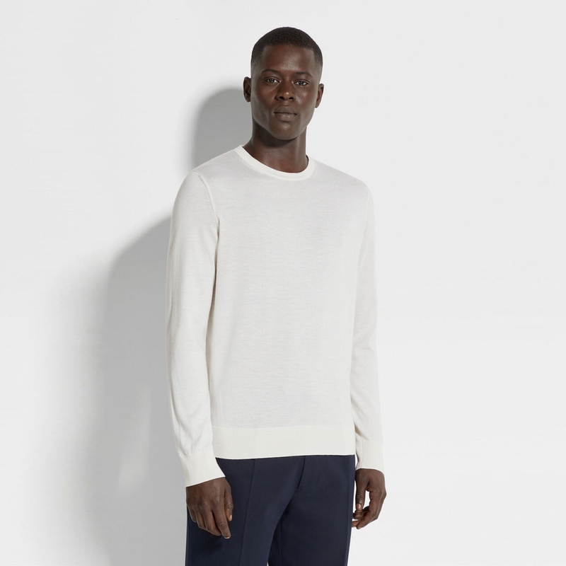 【12期免息】ZEGNA杰尼亚男装混白色 Cashseta 针织圆领毛衣 - 图0