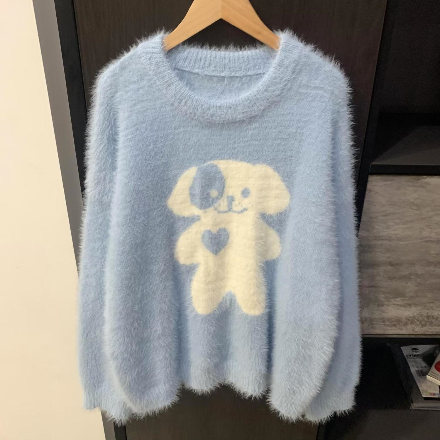 奶蓝色甜美慵懒风可爱小狗圆领毛衣女秋冬季软糯减龄宽松针织上衣 - 图2