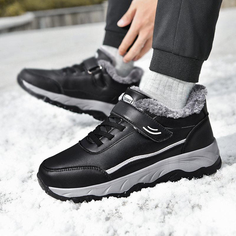 张凯丽老人鞋男冬季加绒加厚防水皮面雪地靴中老年防滑软底大棉鞋 - 图0