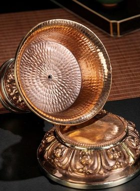 尼泊尔工艺加厚款手工锤纹紫铜酥油灯座蜡烛台长明灯座摆件供灯座