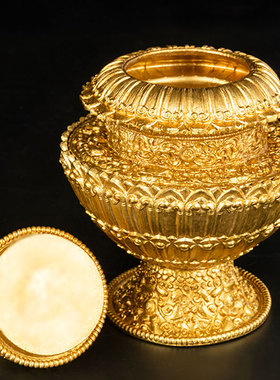 纯铜雕花用品佛堂供品摆件米壶修粮用八吉祥密宗法器米盒