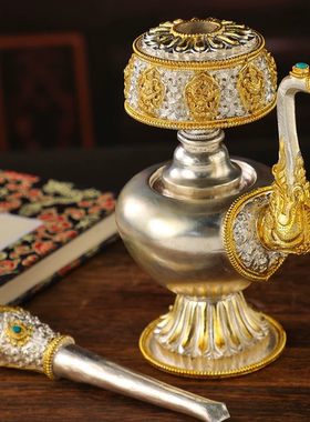 尼泊尔手工贲巴壶纯铜鎏金鎏银文巴壶八吉祥供具净水壶宝瓶大小号