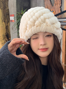 真獭兔毛帽子毛绒针织帽包头帽女