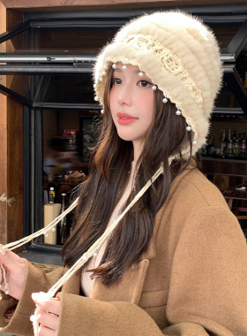 复古钩花珍珠水貂毛针织包头帽女